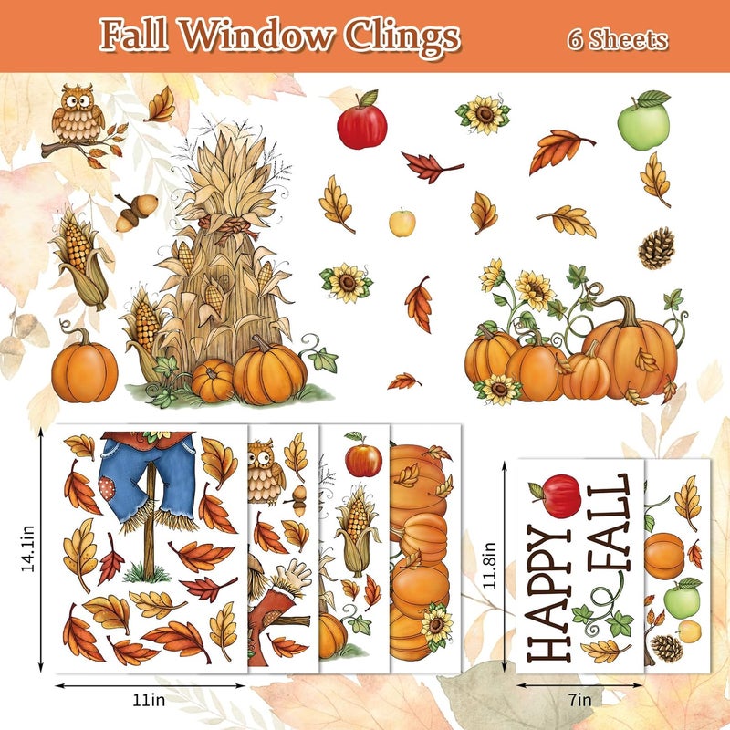 Whaline 6 Sheets Thanksgiving Window Clings Fall Vintage Scarecrow Grain Pile Pumpkin Reusable Window Decals for Autumn Harvest Thanksgiving Party Supplies Home Classroom Office Decor - Image 5